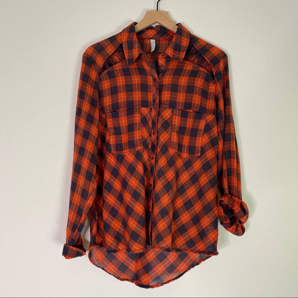 Free People Plaid Orange & Navy Fall Top
